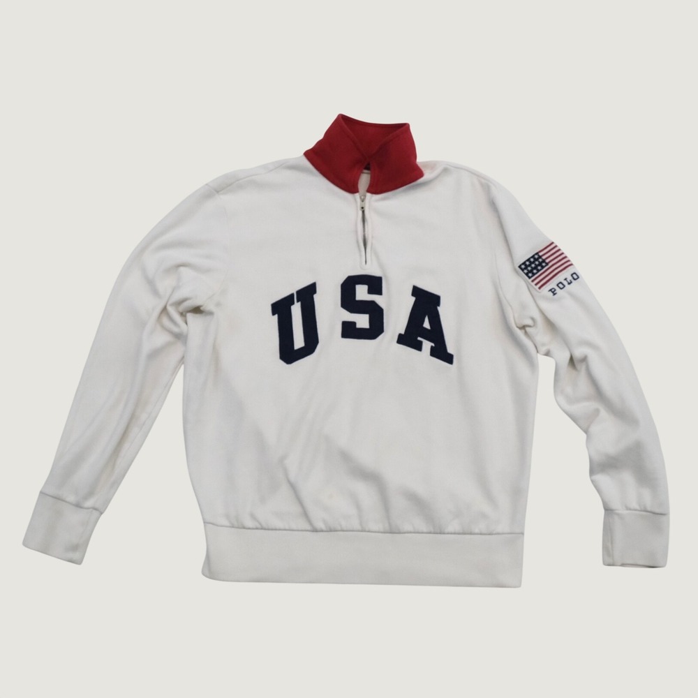Polo Ralph Lauren USA Pullover Mens White Flag Patch Sporty M Quarter Zip